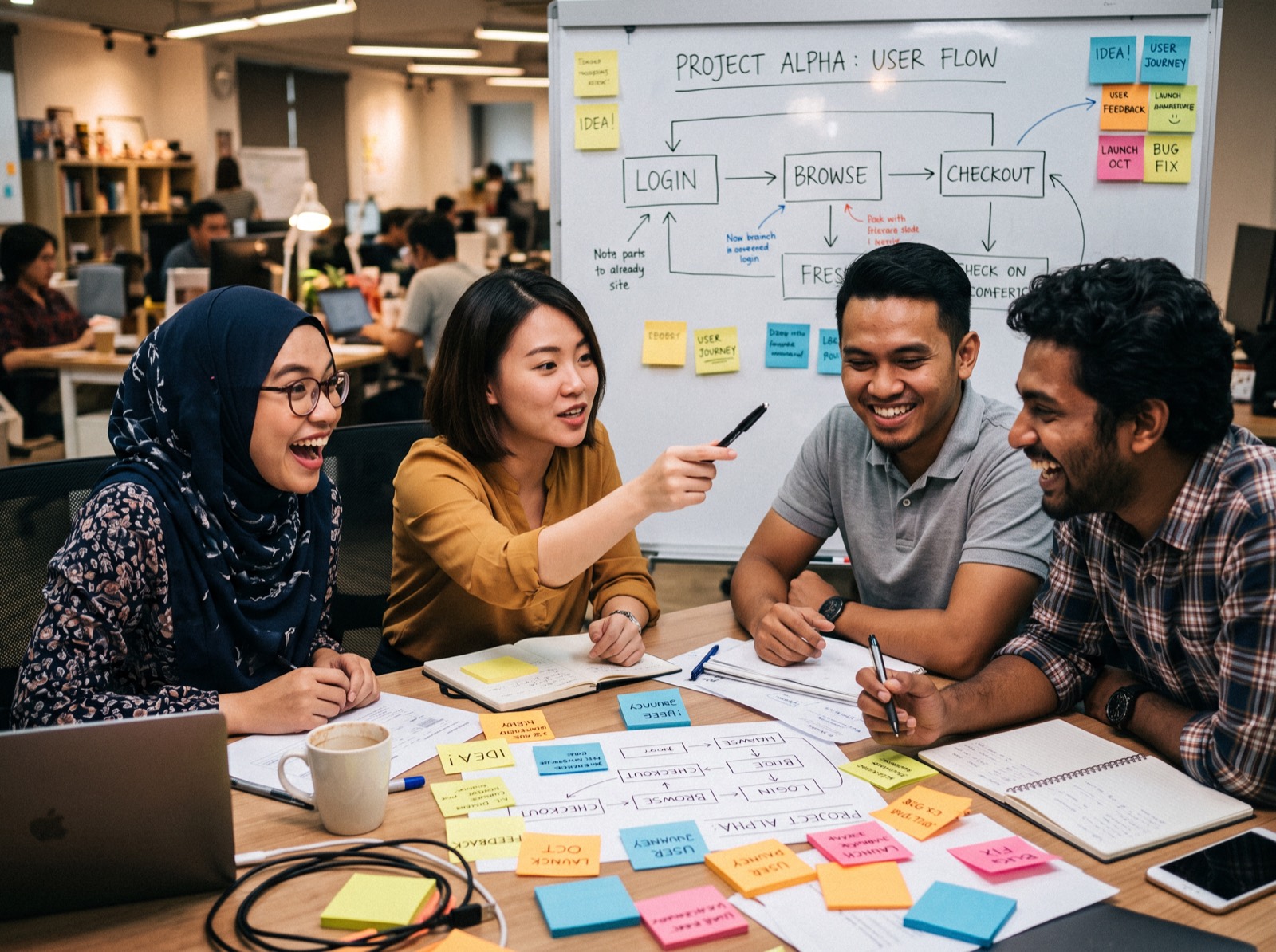 Colleagues discussing ideas around a meeting table