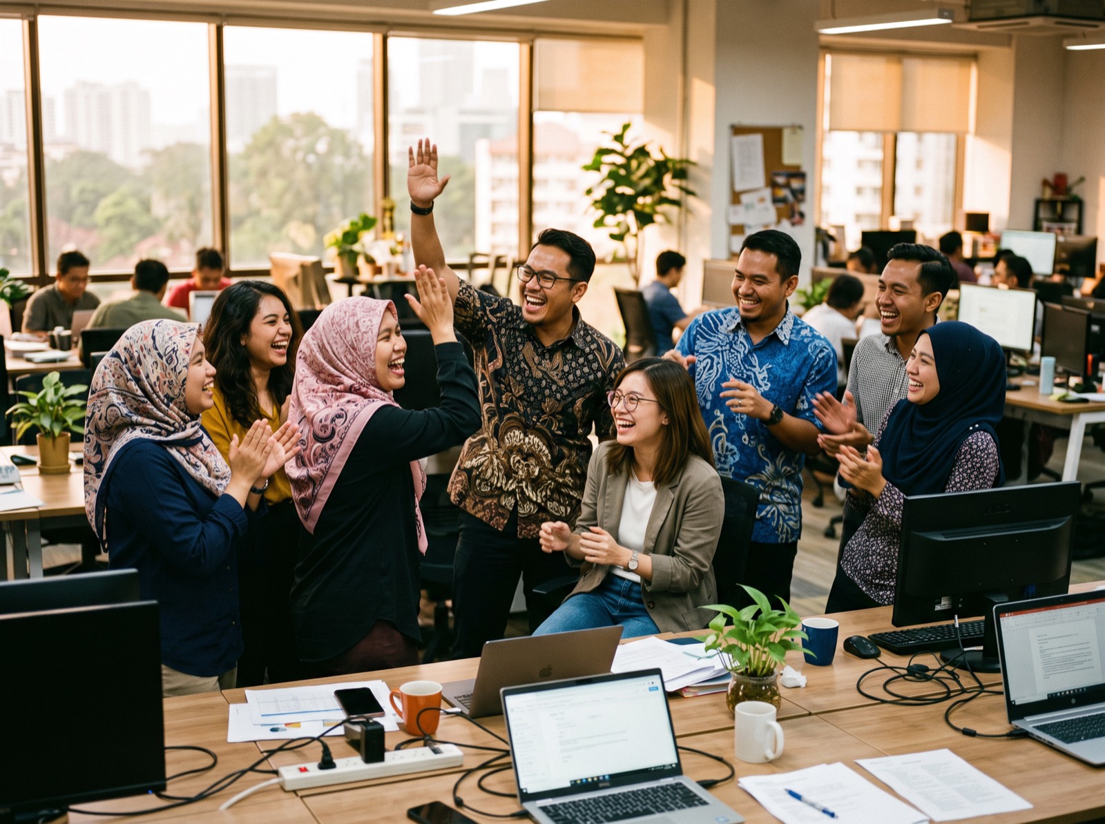 A team celebrating progress in the office