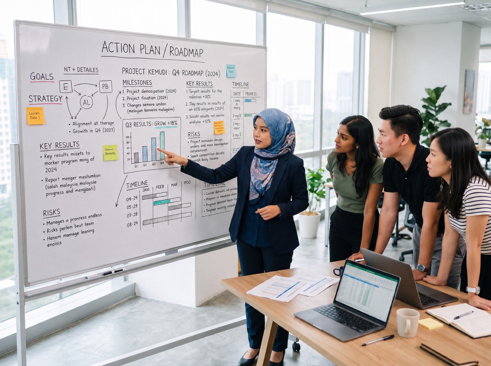 A team reviewing results on a whiteboard