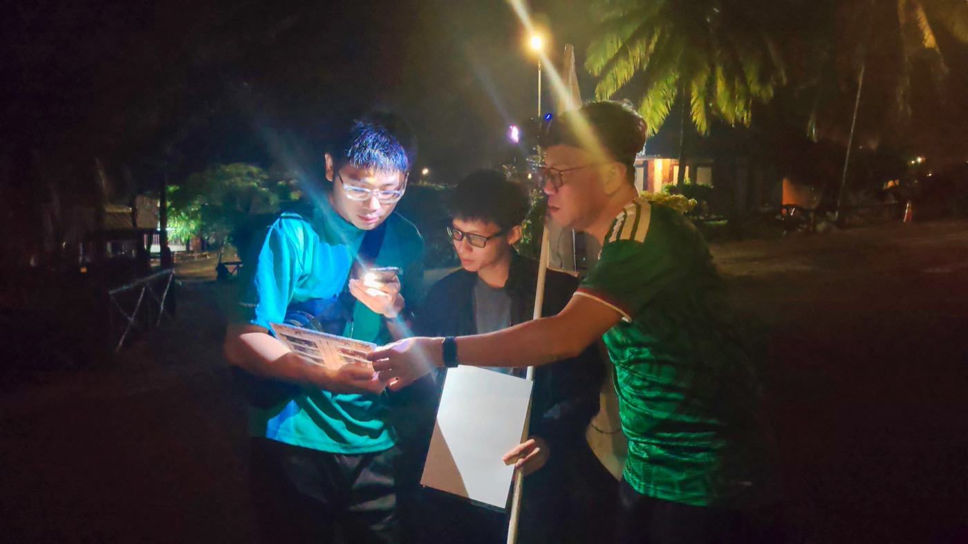 A team working through a night navigation challenge